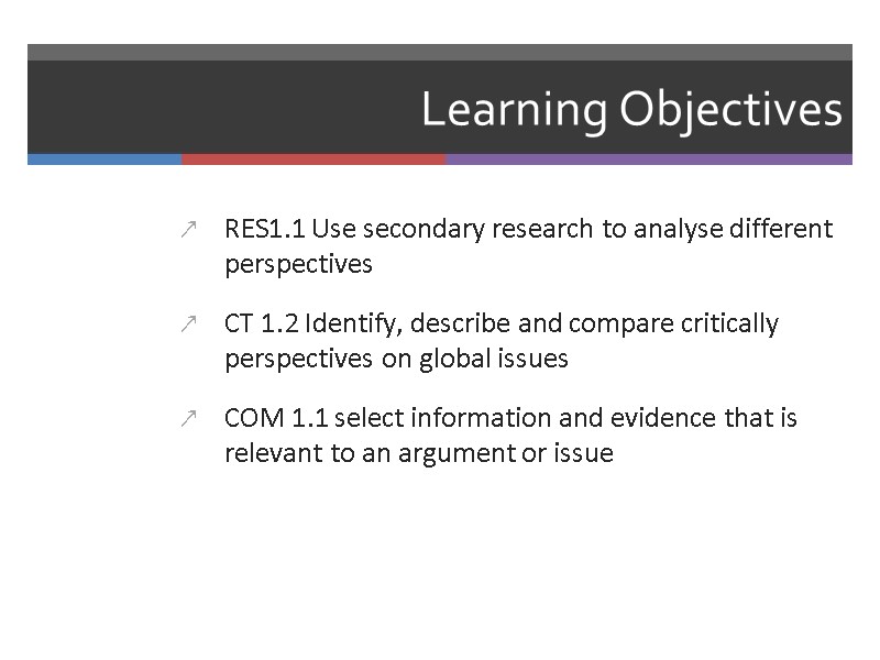 Learning Objectives RES1.1 Use secondary research to analyse different perspectives CT 1.2 Identify, describe